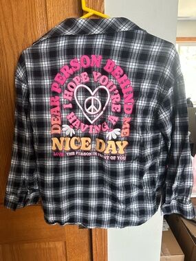 Justice Black & White Plaid Button-Down Shirt with Pink & Yellow Graphic